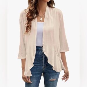 NWT Yekaty Beige Open Front Cardigan Draped Ruffles 3/4 Sleeve Women 3XL